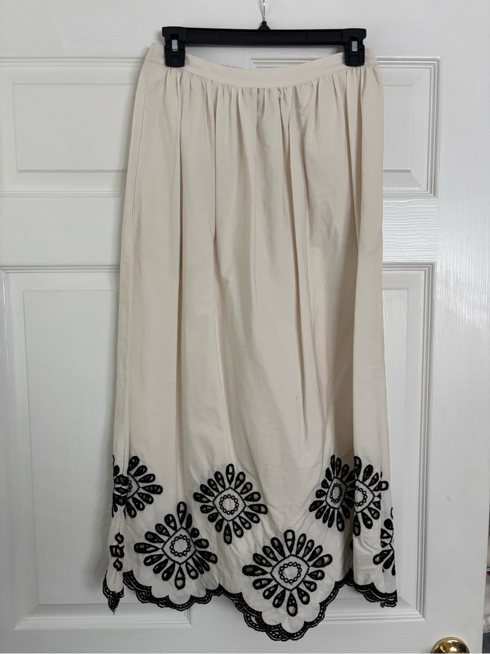 Universal Thread Cream Midi Skirt with Black Embroidered Hem